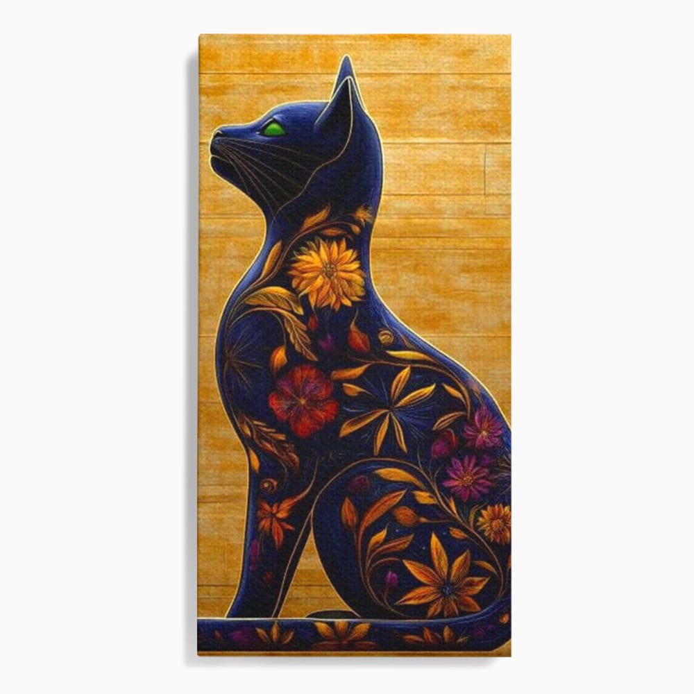 Tablou canvas cu tablou canvas cu pisica albastra decorata cu flori, fara rama, pe sasiu de lemn